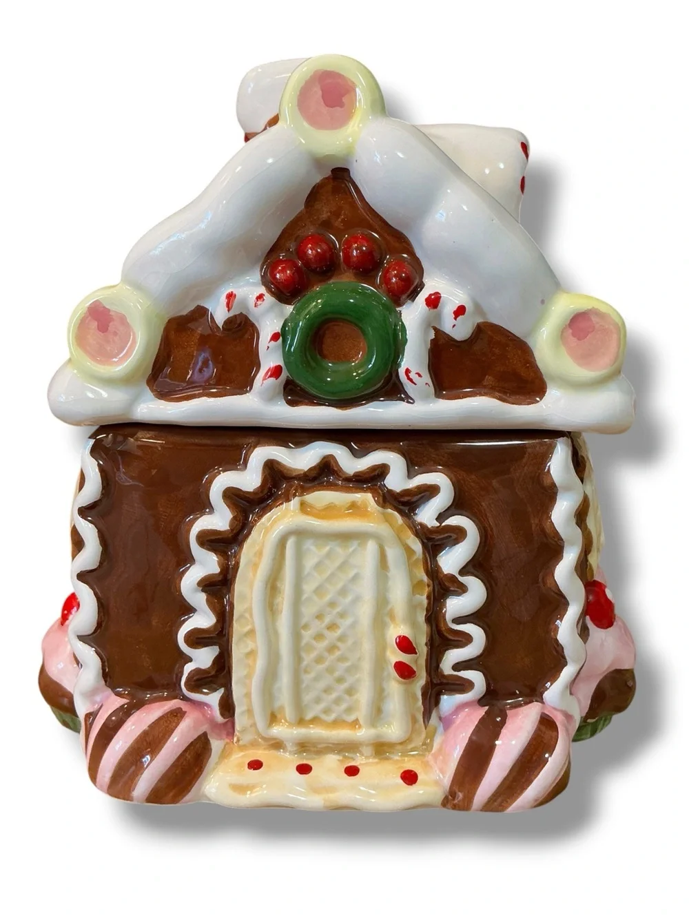 Vintage Festive Gingerbread House Ceramic Cookie Jar